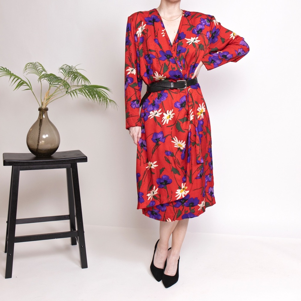 Vintage 80s floral silk wrap surplice midi dress